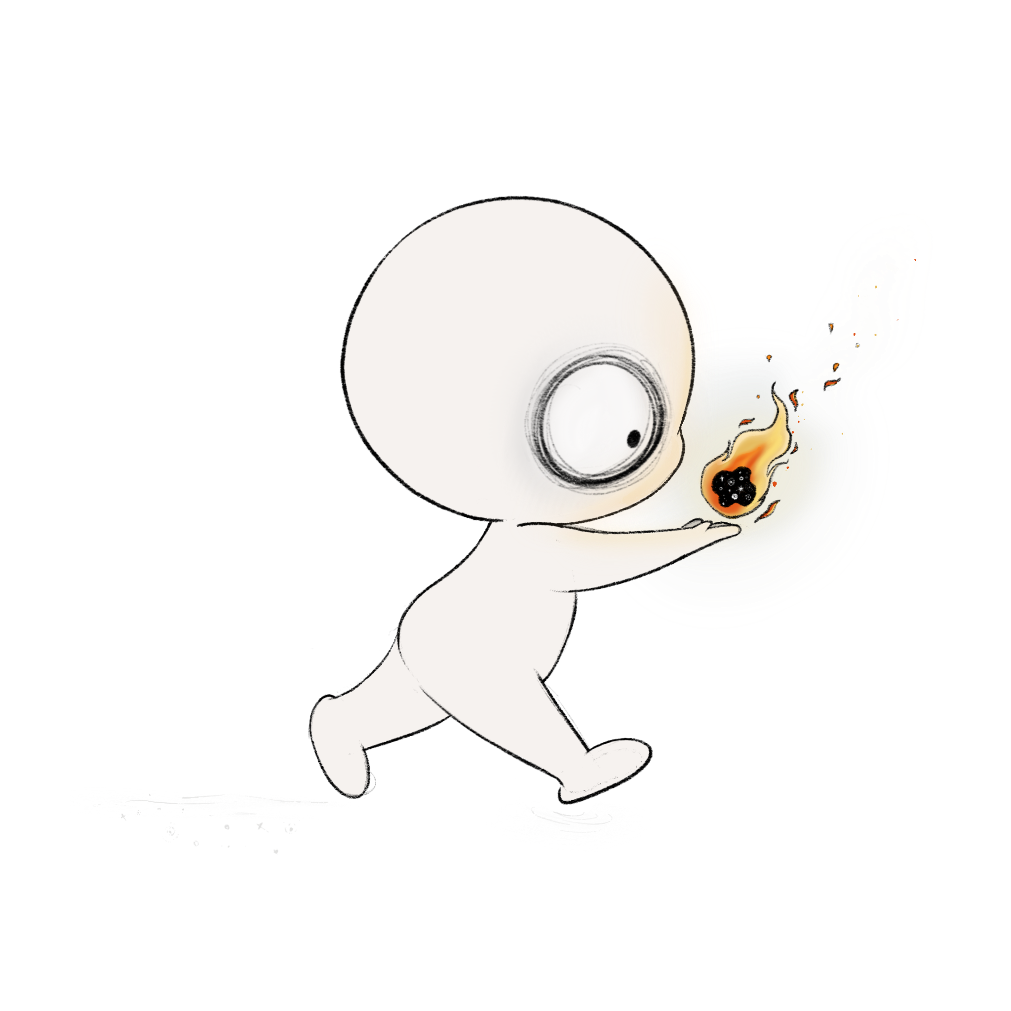 Hand-drawn illustration of a round-headed character walking while holding a small glowing, star-flecked flame